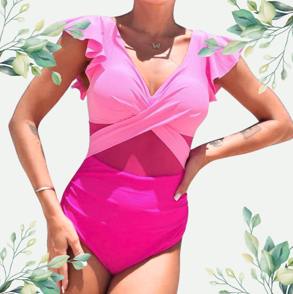 Stylish pink one-piece swimsuit with ruffled flutter sleeves, crisscross bodice, mesh details, and high-waisted design for a feminine and flattering swimwear choice.