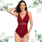 Luxury red one-piece swimsuit with a deep V-neckline, sheer mesh panels,sizes S-2XL, free shipping