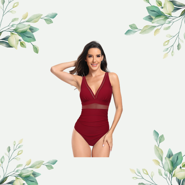 Premium red one-piece swimsuit with a deep V-neckline, sheer mesh panels,sizes S-2XL, free shipping