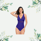 Royal Purple one-piece swimsuit featuring mesh accents, a flattering deep V-neckline, available in sizes S-2XL