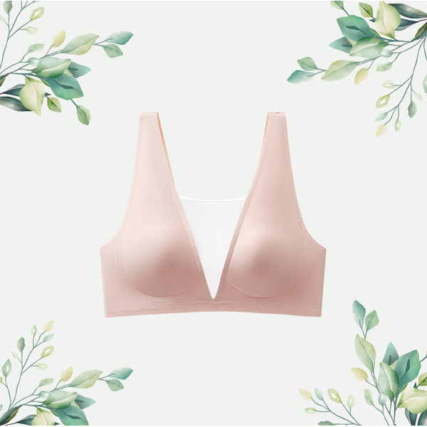 Seamless deep V-neck Bra top in light pink, featuring breathable fabric and a stylish plunge design for ultimate comfort and support.