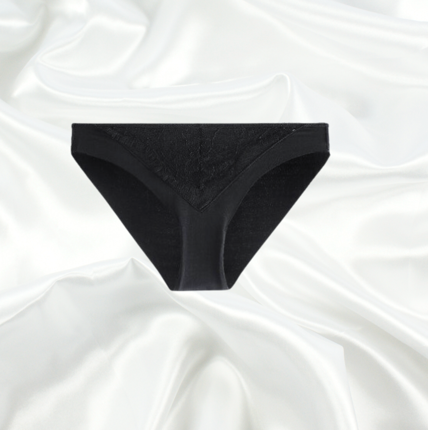 Black lace panty with a semi-sheer front panel, designed for elegance, allure, and comfortable wear.