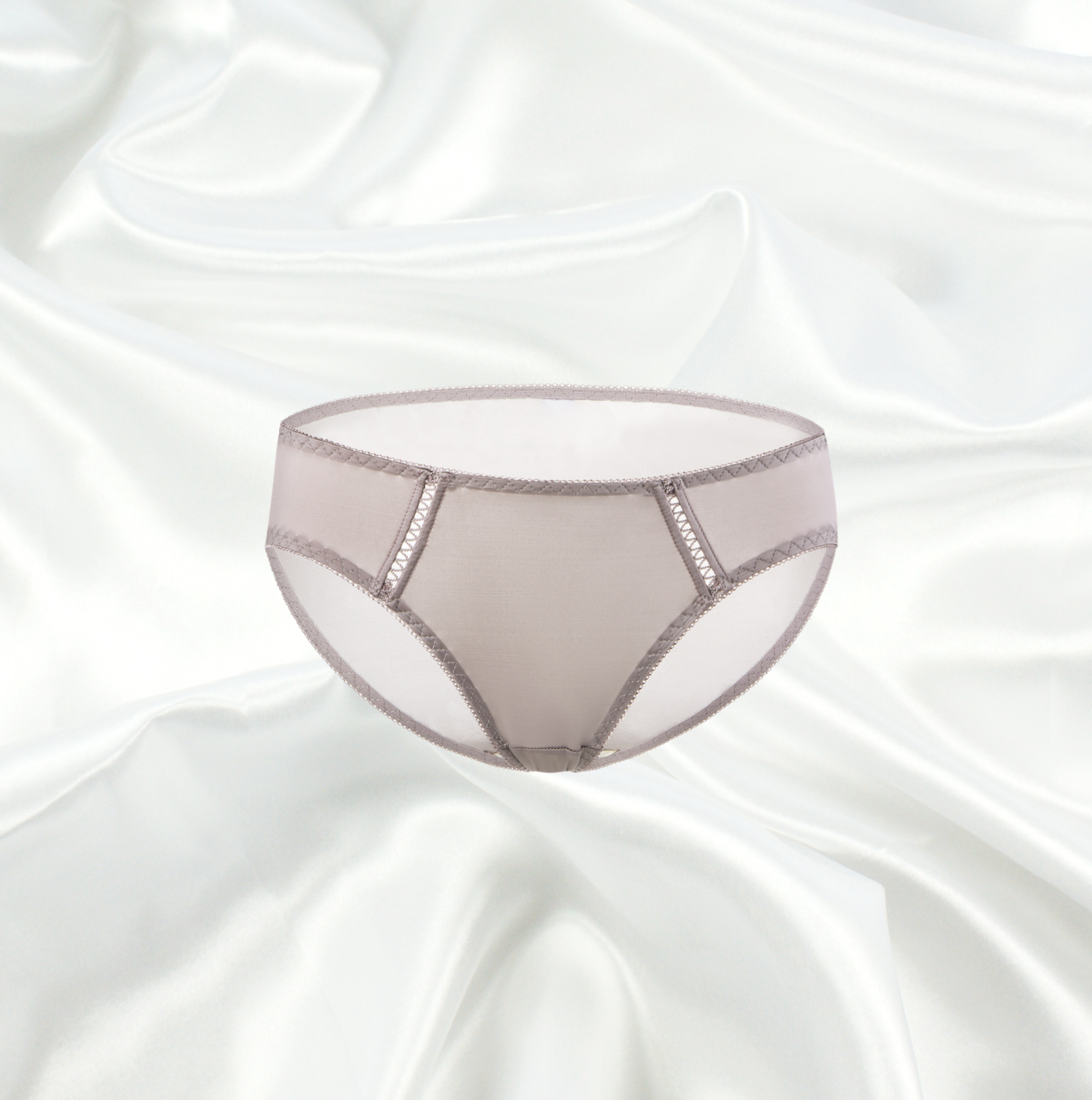 Sheer coffee coloured bikini brief by Intyra, featuring delicate mesh panels, intricate stitching, and a luxurious design