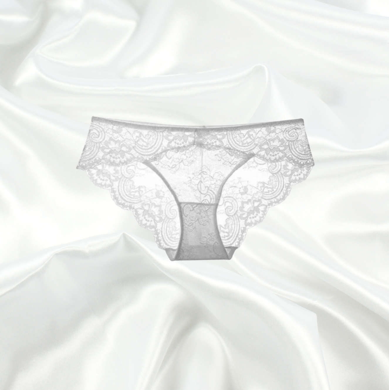 Snowy Grace White Lace Panty with intricate floral lace, scalloped edges, and sheer back detailing for bridal and luxurious everyday wear.