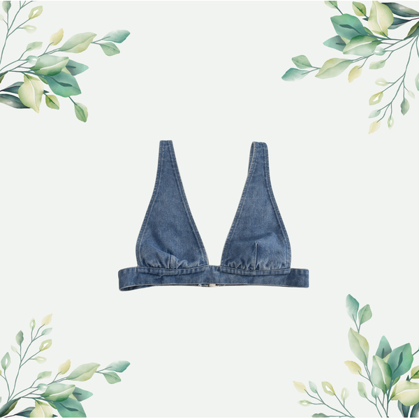 Stylish denim bra top with a bold V-neckline and minimalist design, perfect for versatile outfits and contemporary fashion statements.