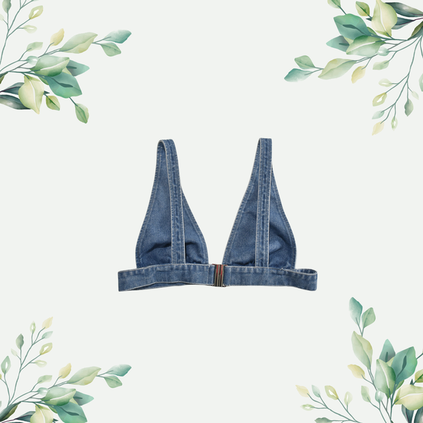 Stylish denim bra top with a bold V-neckline and minimalist design, perfect for versatile outfits and contemporary fashion statements.