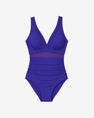 Product shot of Violet Serenity One-Piece Swimsuit in a rich purple hue featuring a plunging neckline and sculpting ruched silhouette.