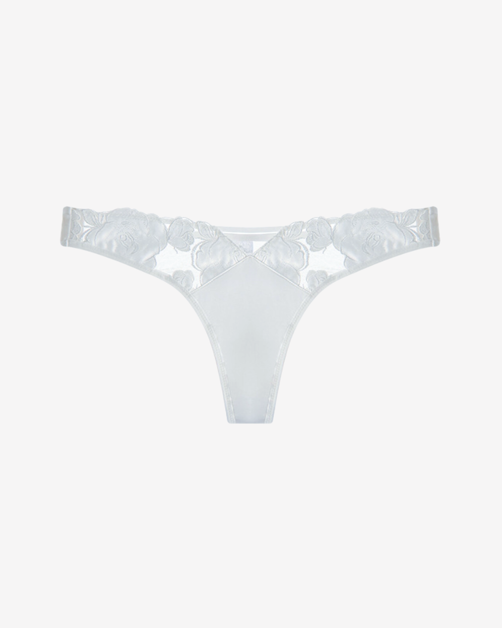 Product View of the White Rose Hipster Thong crafted from delicate sheer mesh, featuring intricate floral embroidery.