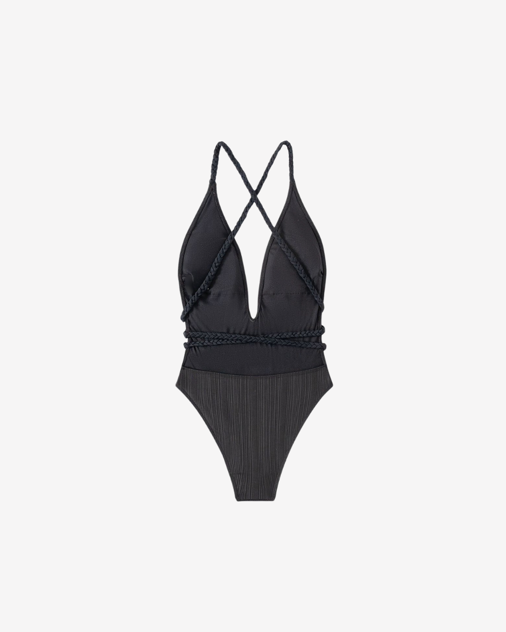Back view of the Braided Noir Backless One-Piece featuring elegant braided detailing and a sleek backless silhouette on a white background.