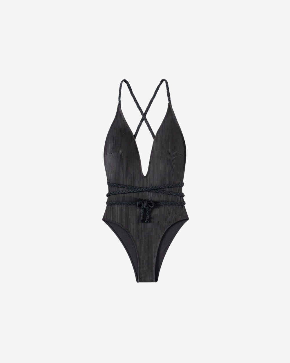 Braided Noir Backless One-Piece swimsuit featuring a deep plunge neckline and sculpting ribbed texture on a white background.