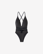 Braided Noir Backless One-Piece swimsuit featuring a deep plunge neckline and sculpting ribbed texture on a white background.