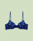 Intricate midnight blue floral embroidery detail on the Celeste Azure Balconette Bra.