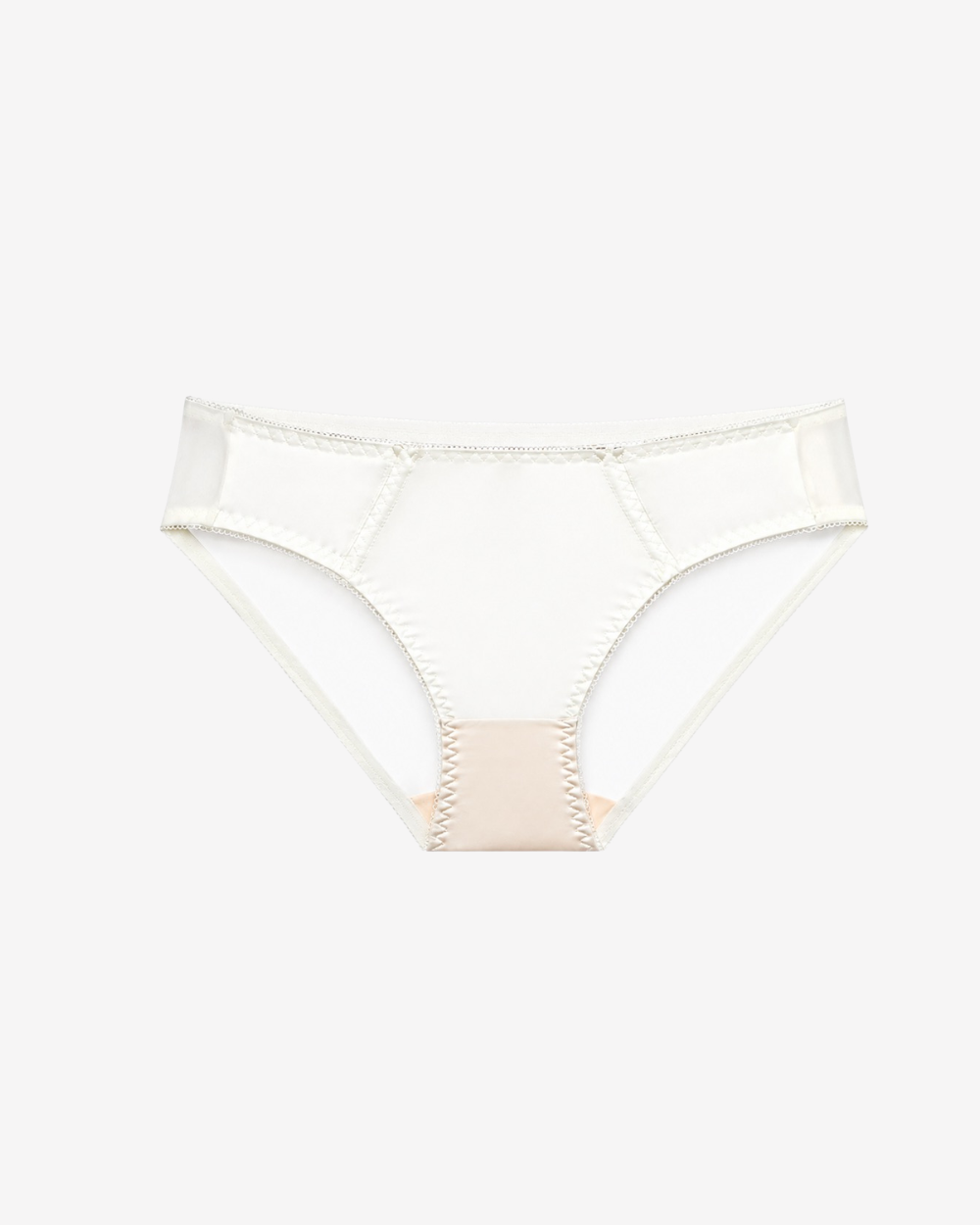 Product shot of Champagne Bliss Bikini Brief featuring delicate sheer mesh panels and soft champagne ivory detailing on a white background.