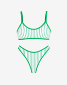 Close-up of green and white pinstripe detailing on the Coastal Elegance Striped Bikini Set.