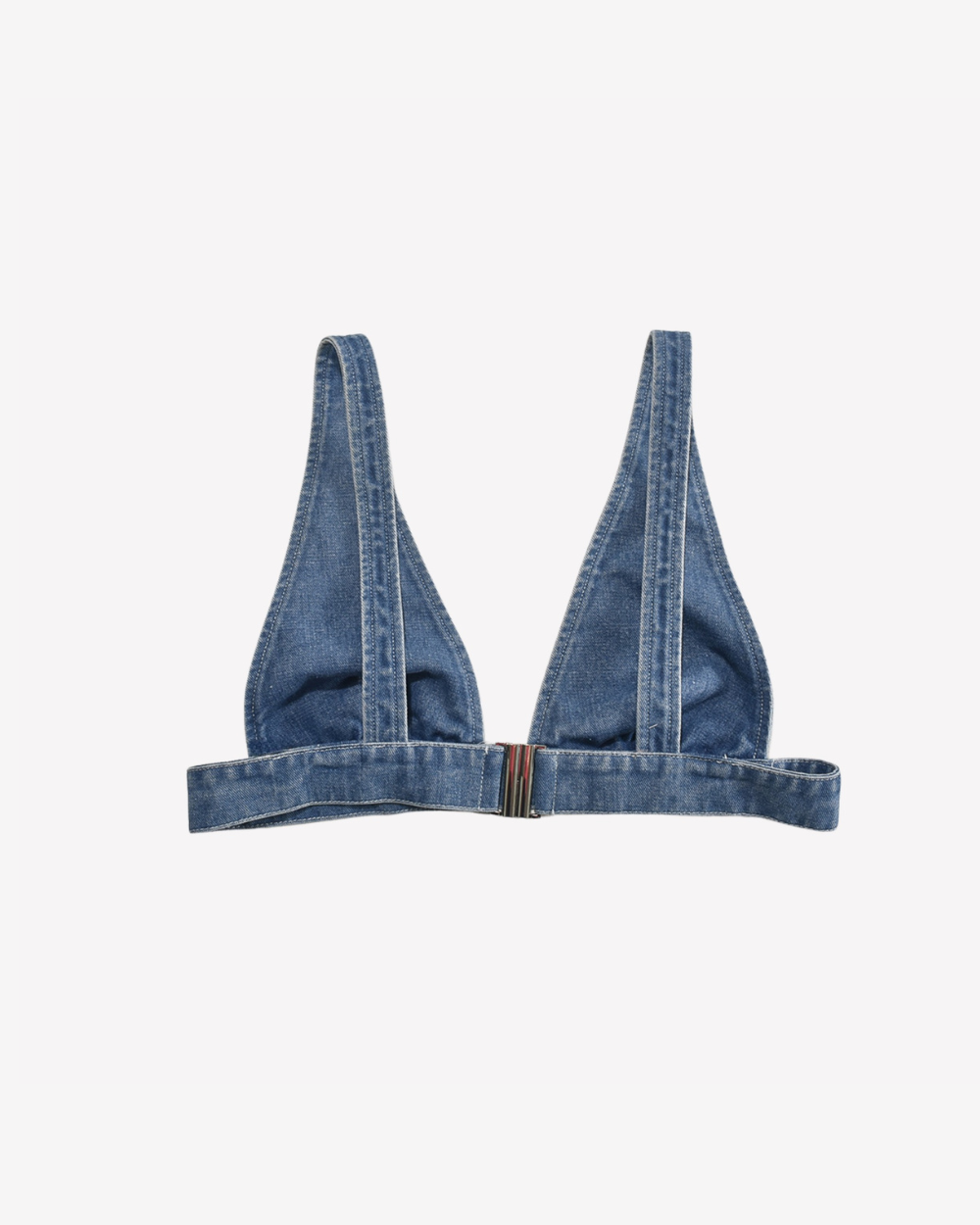 Back view of the Denim Devil Corset Bra Top in soft-washed denim featuring an elegant hook closure and structured shaping on a white background.