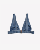 Back view of the Denim Devil Corset Bra Top in soft-washed denim featuring an elegant hook closure and structured shaping on a white background.