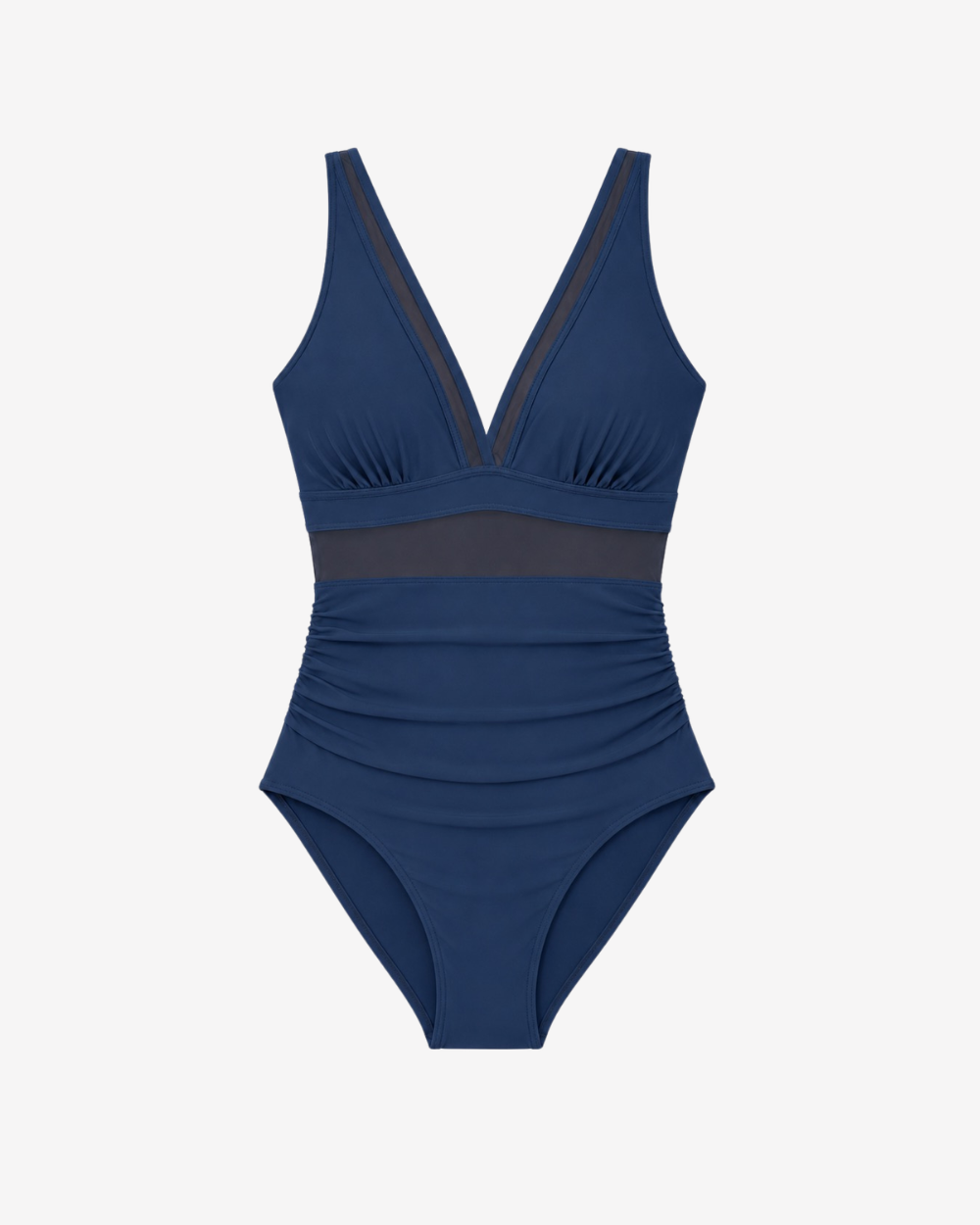 Product shot of Dusk Azure One-Piece swimsuit in an exclusive dusk blue hue featuring a plunging neckline and sculpting ruched silhouette.