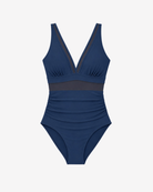 Product shot of Dusk Azure One-Piece swimsuit in an exclusive dusk blue hue featuring a plunging neckline and sculpting ruched silhouette.
