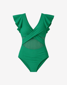 Product shot of the sculpting crisscross bodice detailing on the Emerald Allure Ruffled One-Piece Swimsuit.