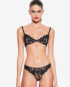 Front view of the Exotique Black Balconette Bra featuring intricate floral embroidery and underwired balconette shaping on white background
