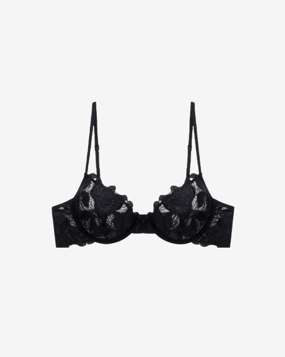 Exotique Black Balconette Bra featuring embroidered lace and sheer mesh detailing on a white background.