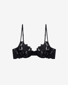 Exotique Black Balconette Bra featuring embroidered lace and sheer mesh detailing on a white background.
