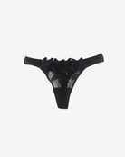 Close-up of floral embroidery and sheer mesh detailing on the Exotique Black Hipster Thong.