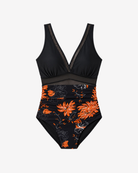 Flame Orchid One-Piece swimsuit featuring a sleek black bodice with vibrant orange floral detailing and a plunging neckline.