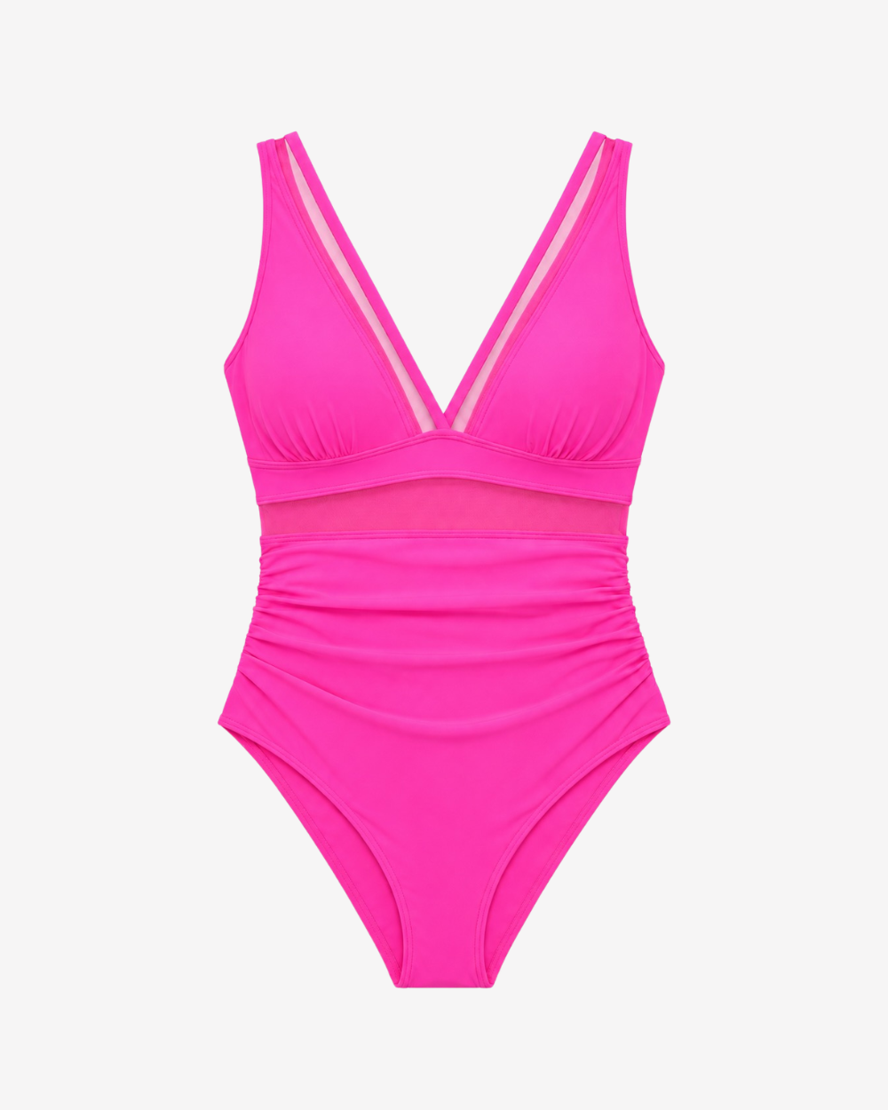 Product shot of Fuchsia Allure One-Piece swimsuit in a vibrant fuchsia pink hue featuring a plunging neckline and sculpting ruched silhouette.