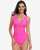 Fuchsia Allure One-Piece swimsuit in a vibrant fuchsia pink hue featuring a plunging neckline and sculpting ruched silhouette.