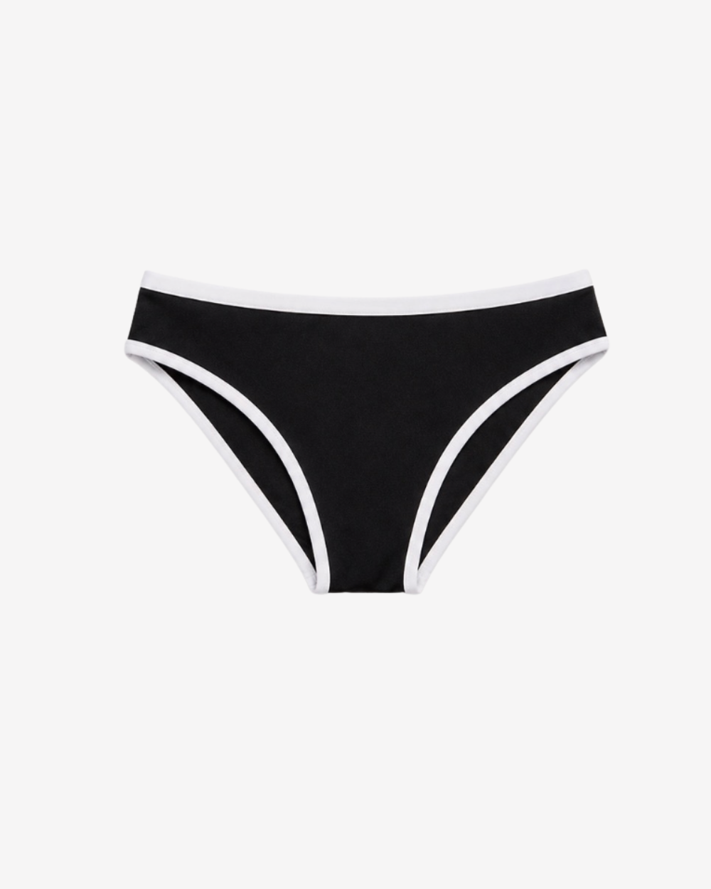 Iconic Riviera Black Bikini Bottom featuring a high-waisted silhouette with refined white contrast detailing on a white background.