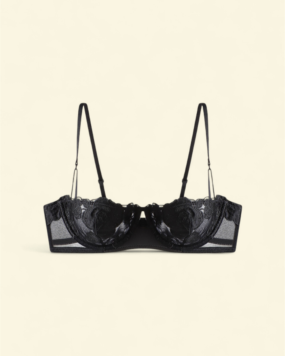 Intyra Black Rose Half Moon Balconette Bra featuring black floral embroidery, sheer mesh detailing, and elegant half-cup styling