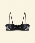 Intyra Black Rose Half Moon Balconette Bra featuring black floral embroidery, sheer mesh detailing, and elegant half-cup styling