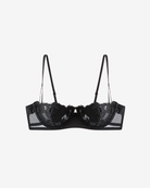Intyra Black Rose Half Moon Balconette Bra featuring black floral embroidery and sheer mesh detailing against a clean white background.