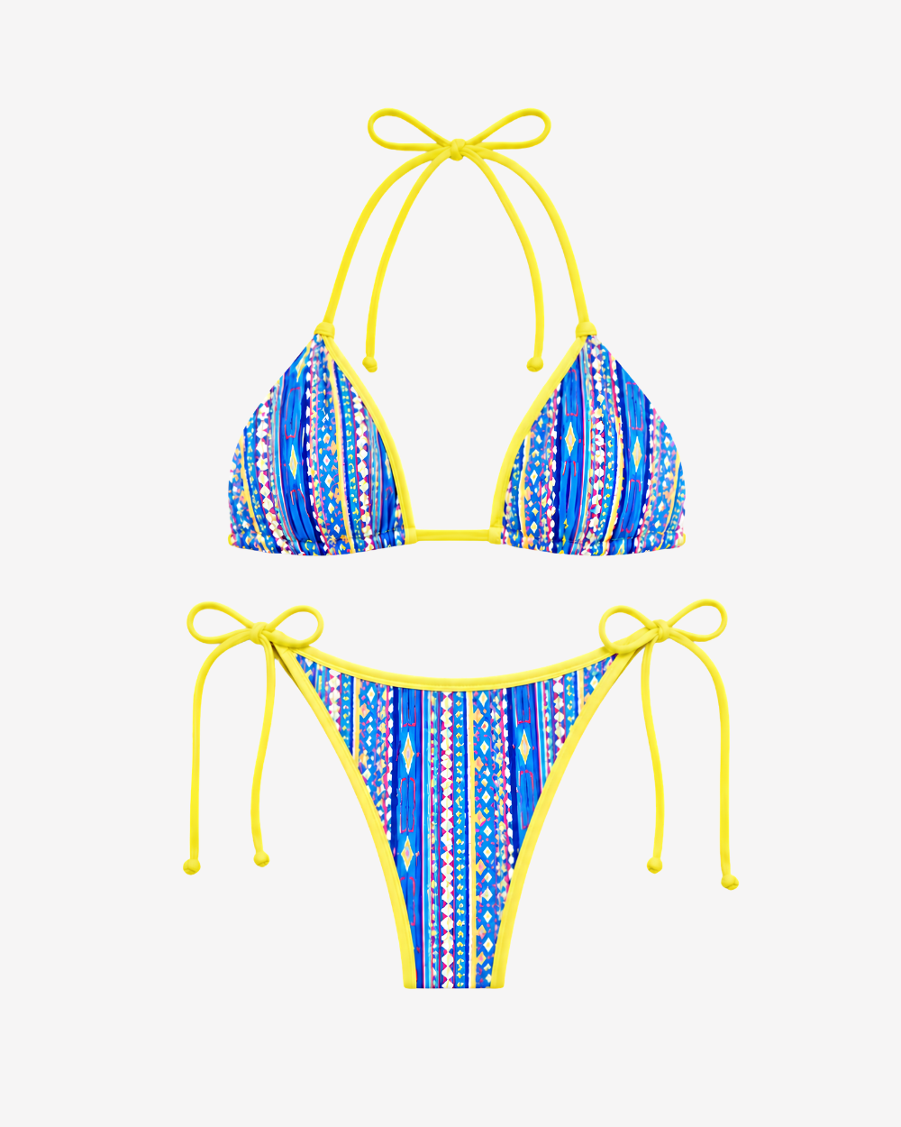 Close-up of the vibrant blue and yellow print detailing on the Lumia Sunset Bikini Set.