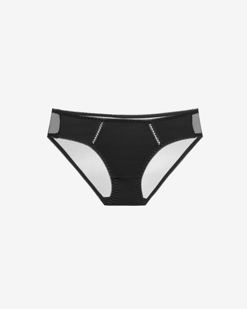 Midnight Allure Bikini Brief featuring delicate sheer mesh panels and elegant black detailing on a white background.