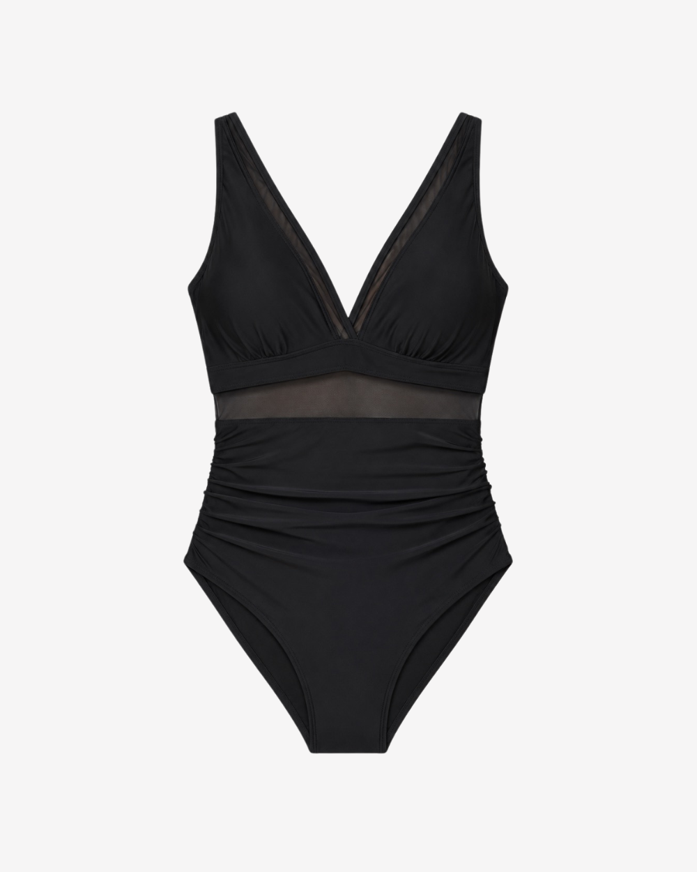 Product shot of Midnight Mirage One-Piece swimsuit featuring a plunging neckline, sheer mesh detailing and sculpting ruched silhouette on a white background.