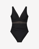 Product shot of Midnight Mirage One-Piece swimsuit featuring a plunging neckline, sheer mesh detailing and sculpting ruched silhouette on a white background.