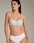 Full front view of model wearing the Intyra Mint Serenity Lace Bandeau with floral lace embroidery, supportive underwire, and elegant feminine silhouette.