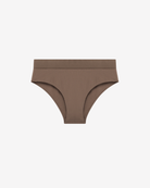 Front view of Intyra mocha seamless panty with soft ribbed fabric and wide waistband