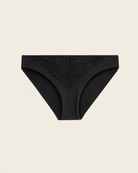Front view of Intyra Noir Desire lace bikini brief with sheer floral lace and black fabric