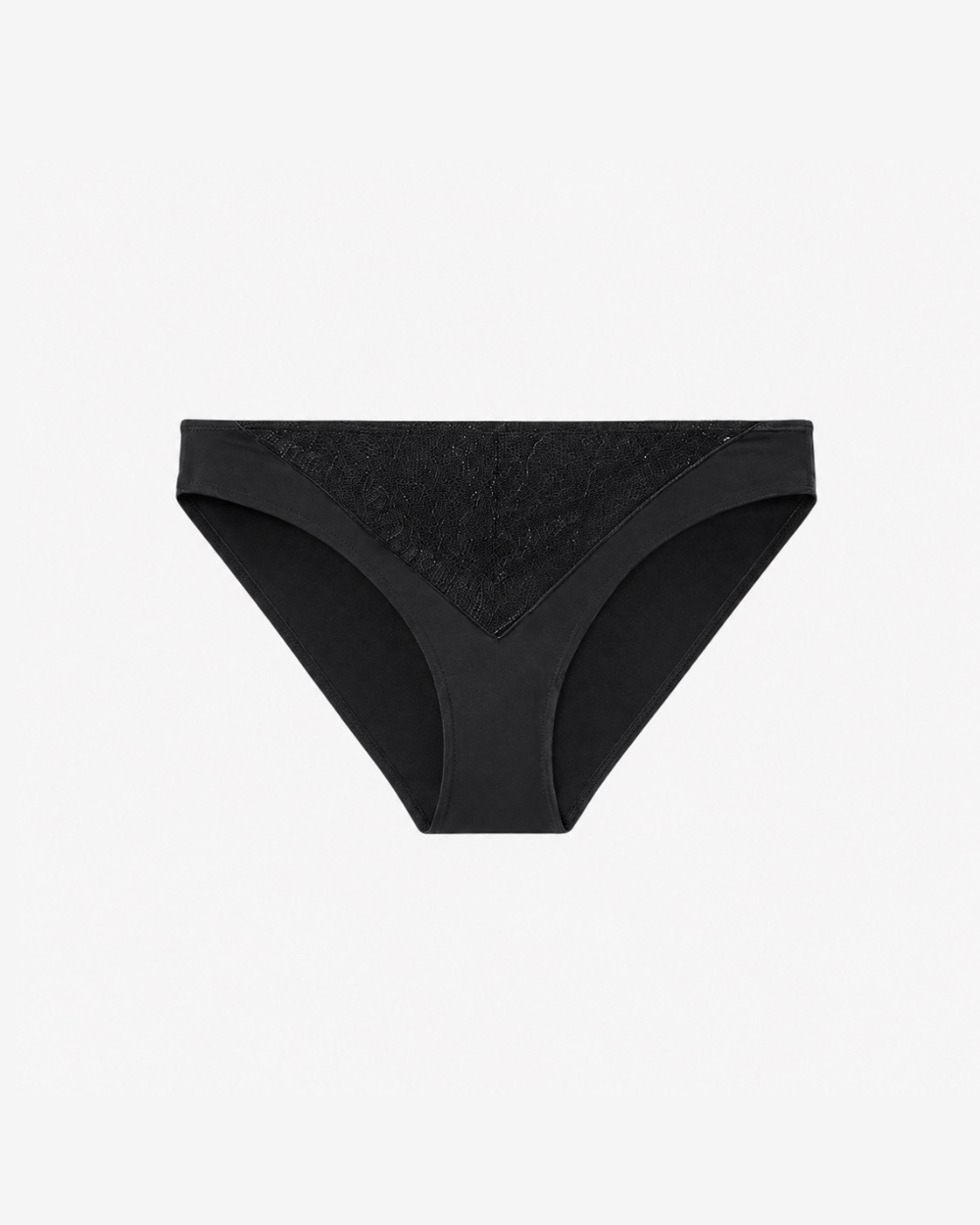 Product shot of Intyra Noir Desire lace bikini brief showing smooth black fabric and flattering fit