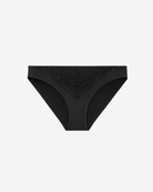 Product shot of Intyra Noir Desire lace bikini brief showing smooth black fabric and flattering fit