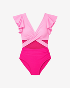 Product shot of the Rosé Ombre Ruffle One-Piece Swim featuring feminine ruffle sleeves and vibrant pink ombré tones.