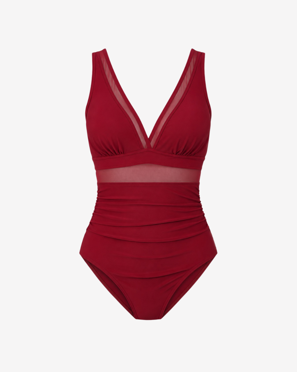 Ruby Allure One-Piece swimsuit in a rich ruby red hue featuring a plunging neckline and sculpting ruched silhouette.