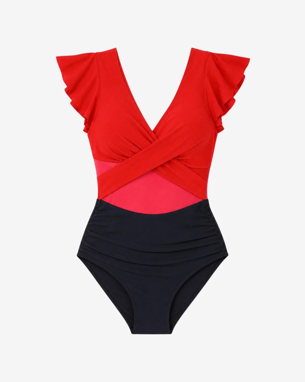 Product Shot of the Scarlet Flutter One-Piece featuring feminine flutter sleeves and sleek black contour detailing.