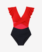 Product Shot of the Scarlet Flutter One-Piece featuring feminine flutter sleeves and sleek black contour detailing.